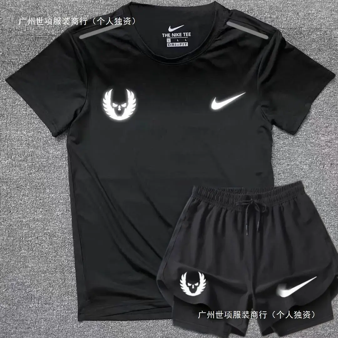 Sports Quick-Drying Night Vision Short-Sleeved Double-Layer Shorts Suit Men's Reflective Okayaki Fitness Running Sports Track and Field Training