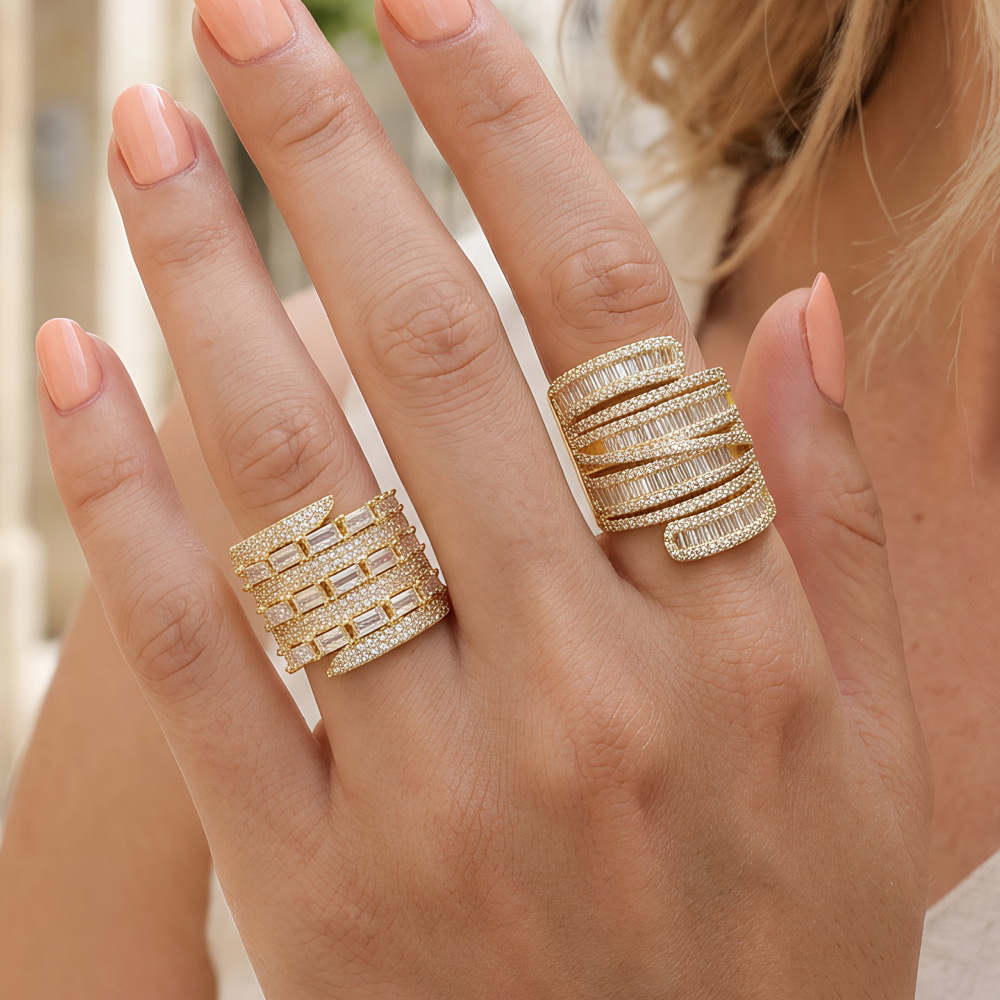 Multi-Layered Fashionable Exaggerated Rings, European and American Style Rings, Vintage Stacking Rings with a High-End Feel, Light Luxury Zircon Intertwined Cross Rings