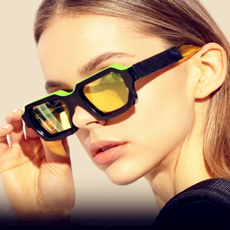 Cyberpunk futuristic punk style square frame sunglasses for men and women, retro street photography, spliced color sunglasses