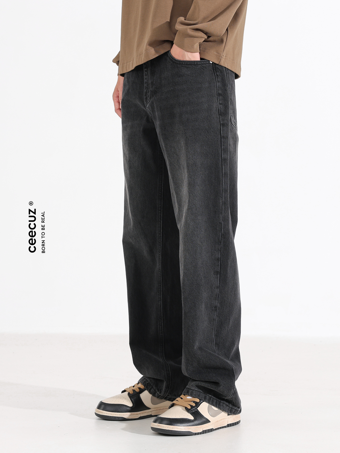 Ceecuz American Retro Vintage Heavy Washed Charcoal Black Jeans Men's Loose Wide-Leg Straight Pants