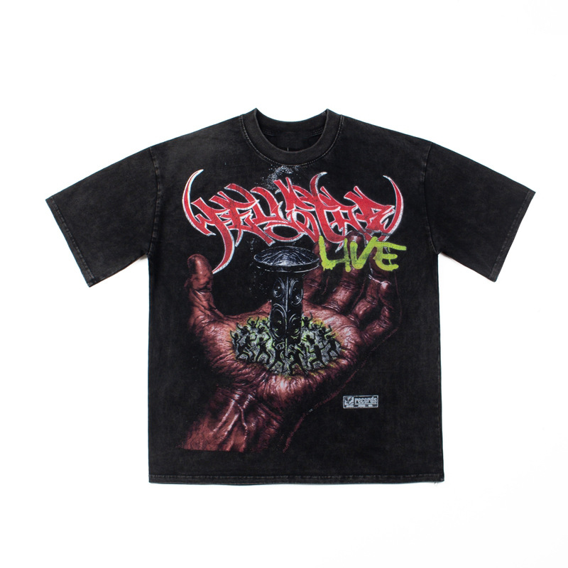 2026 Cross-Border American Street Style Hip-Hop Vintage Distressed Hand-Printed Short-Sleeve T-Shirt Summer Top