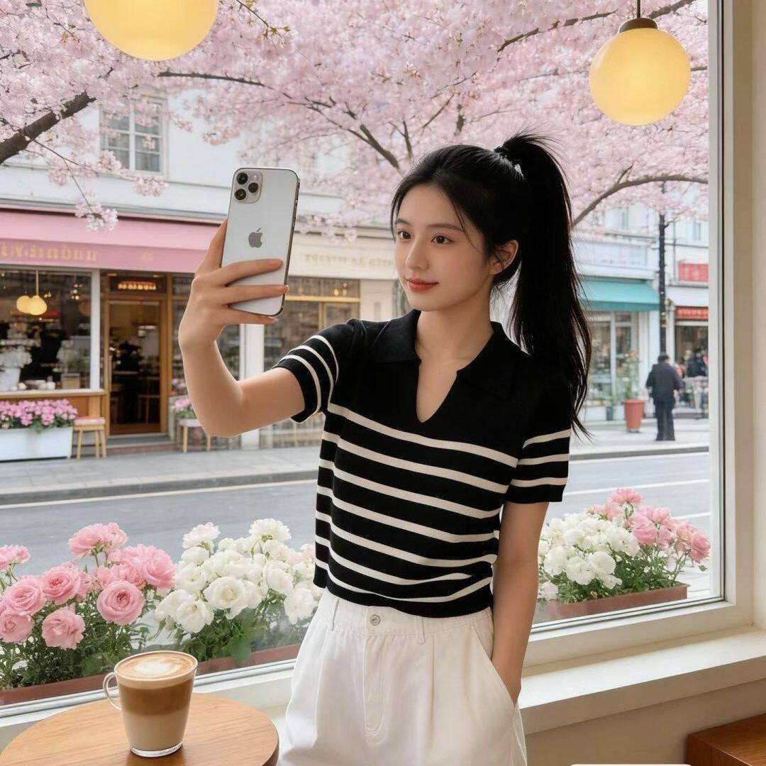 High-End Style Lapel Contrast Striped Short-Sleeve Knit Top for Women, 2026 Summer New Style, Relaxed Loose Fit, Slimming Short Top