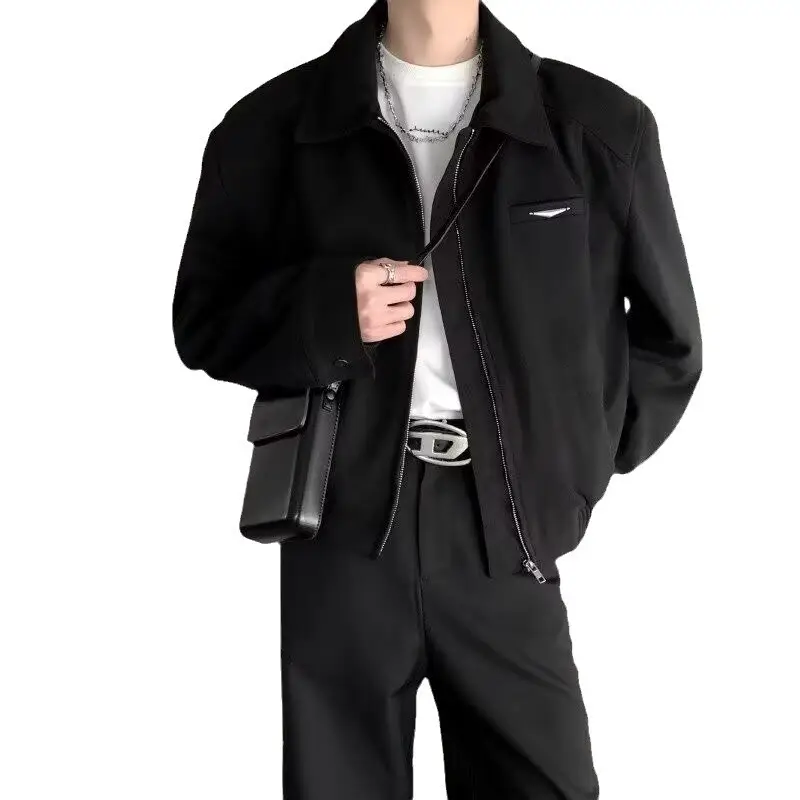 cleanfit Short Jacket Men's Autumn and Winter Ruffian Handsome American Shoulder Pad Jacket High-grade Black Lapel Baseball Suit