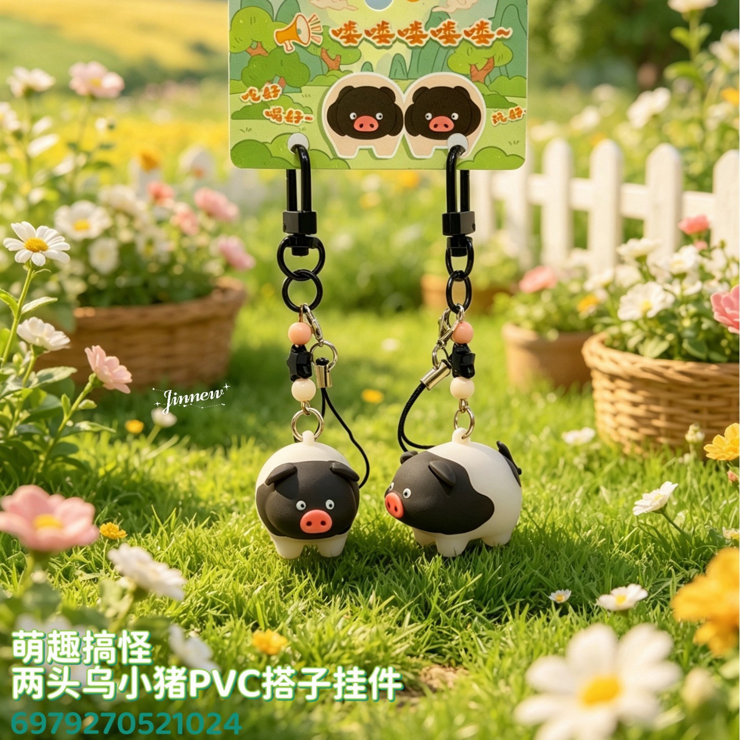 New Quirky and Funny Two-Headed Black Pig Pvc Figurine Keychain Couple Bag Pendant Surprise Wooden Pig