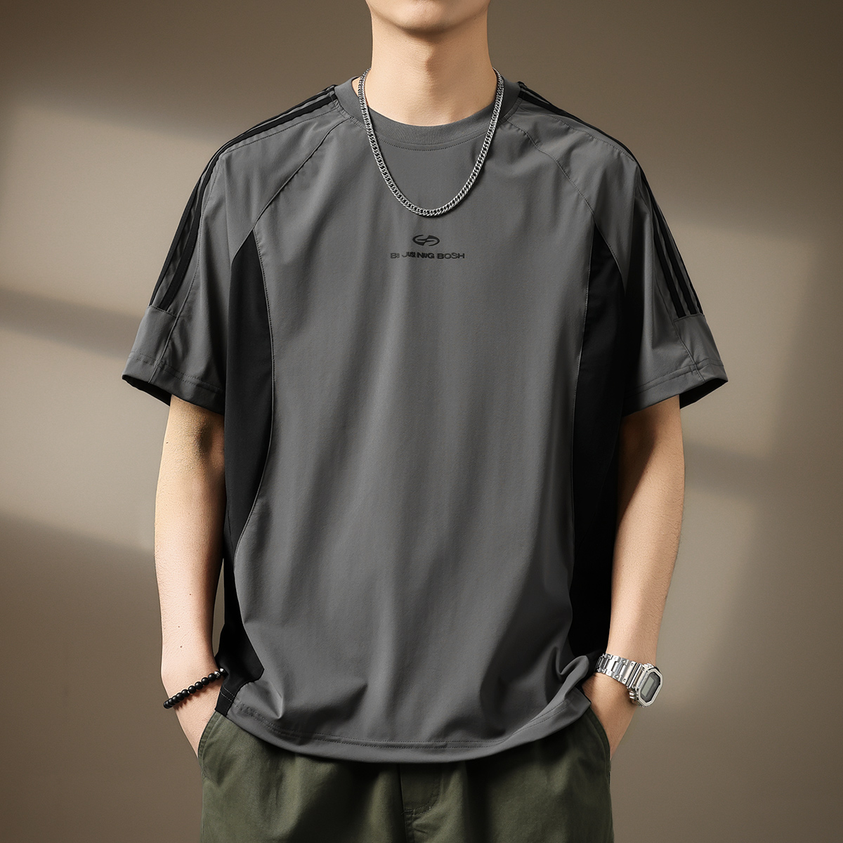 Black Technology Ice Silk Cool Short-Sleeved T-Shirt Men's Summer Trendy Brand Loose Sports Round Neck Outdoor Sun Protection T-Shirt