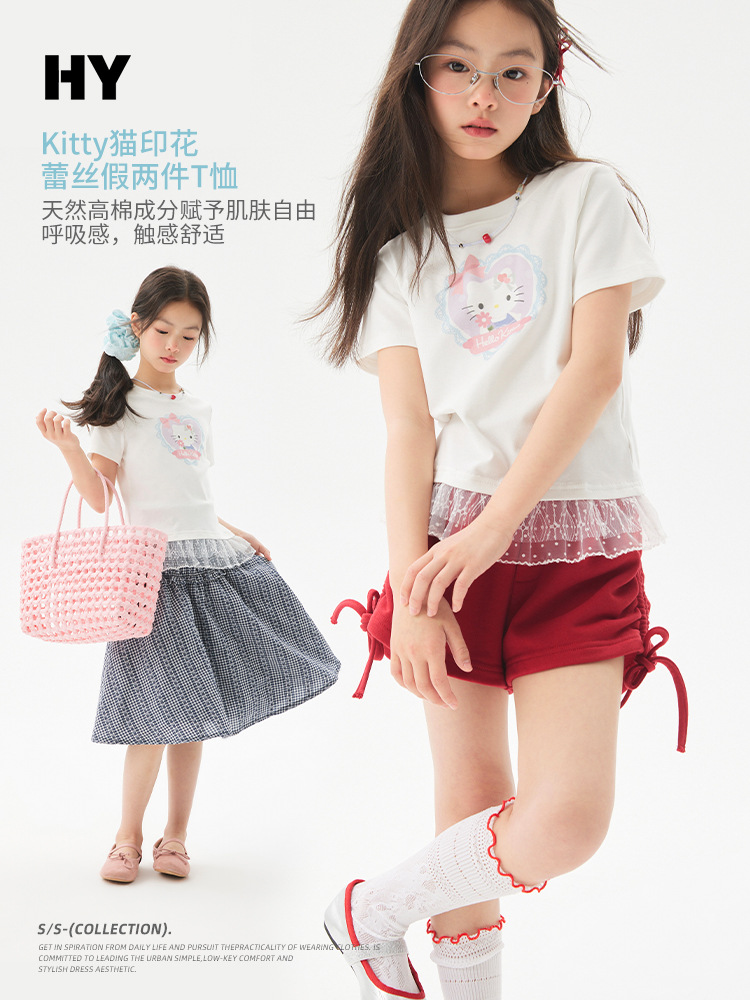 Girls' Lace-Trimmed T-Shirt 2026 Summer New Korean Style Thin Casual Children's Clothing for Older Kids Short-Sleeve Trendy