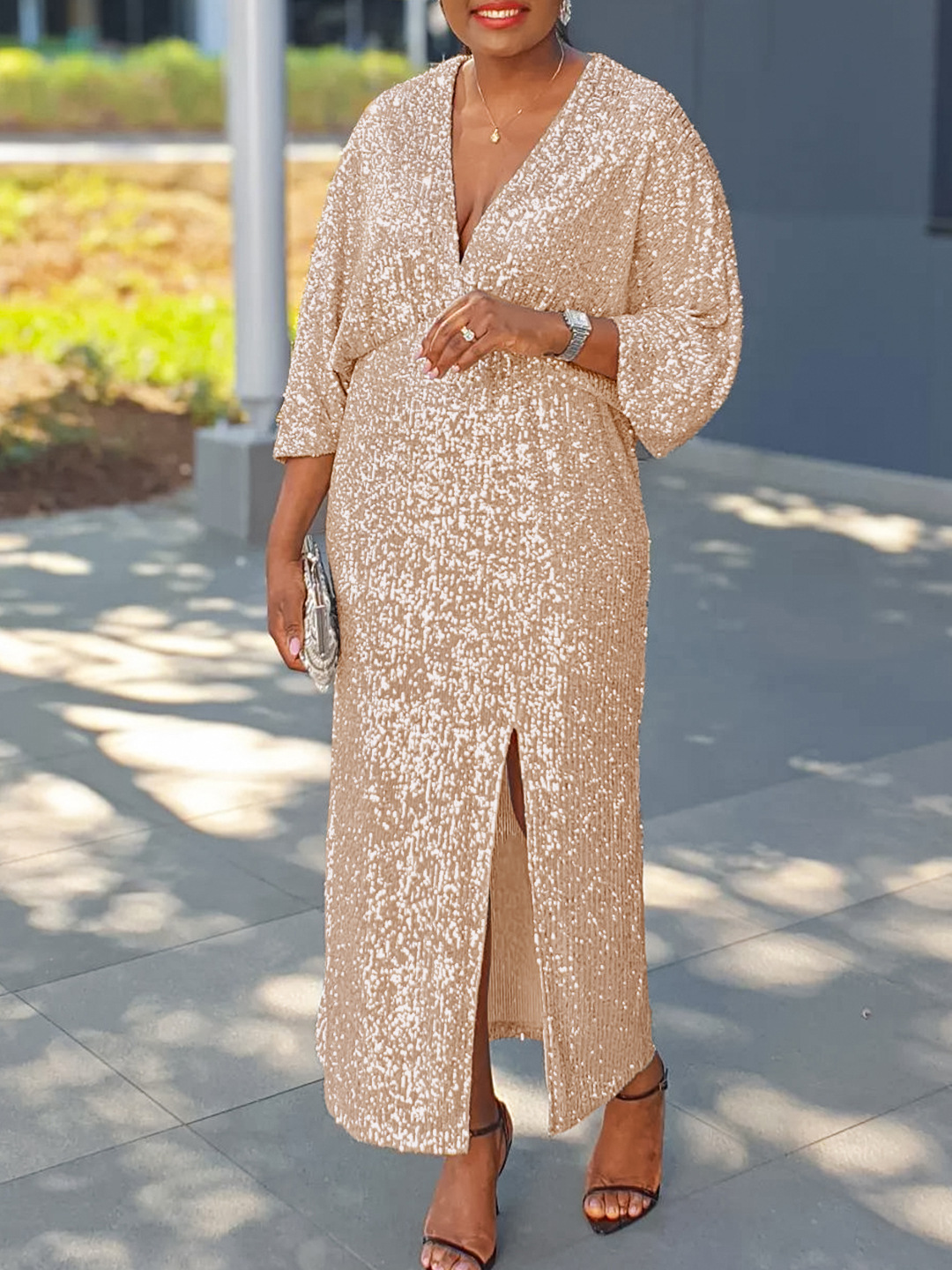 D3308 European and American plus size Women's Autumn New Loose V-neck Fashion Sequin Split Dress African plus size dress