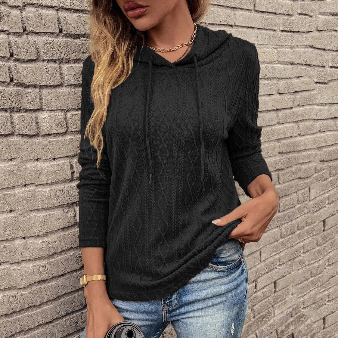 2022 Europe and the United States independent station Amazon new foreign trade solid color casual long sleeve hooded sweater T-shirt women's clothing
