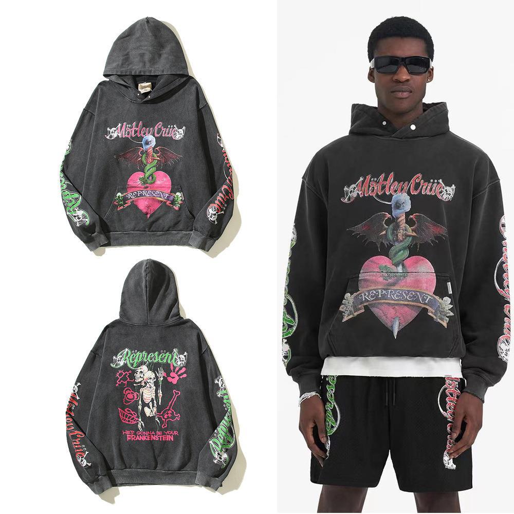 Representative Rock Band Skull Monster Demon Heart Washed Old Vintage Hoodie Sweatshirt Coat