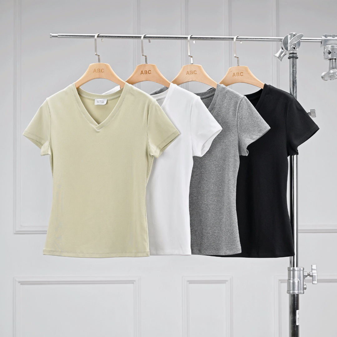 Warren Hailong |   Sst003 26 Scandinavian Style Slim Fit Top for Women Cotton Simple V-Neck Short-Sleeved T-Shirt