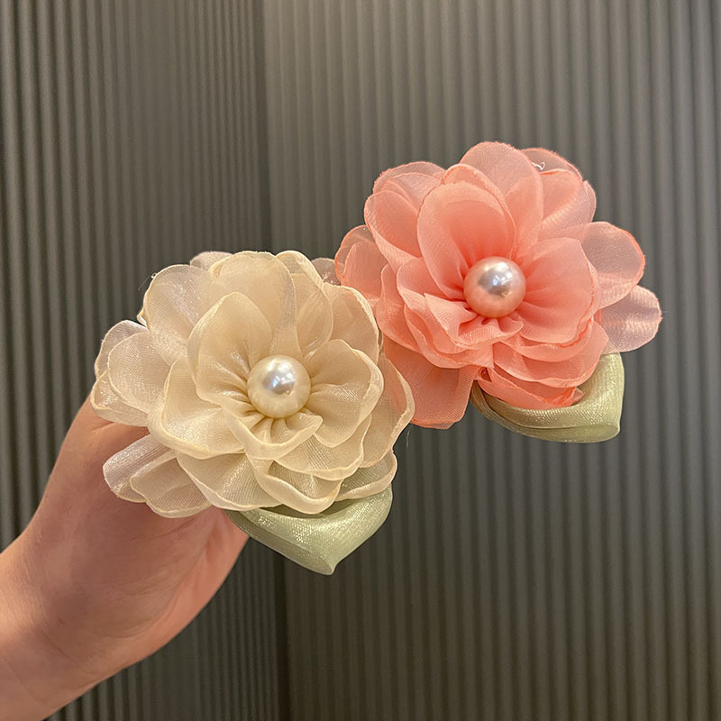 Children's sweet pink Camellia hair rope pearl bangs broken hairpin three-dimensional flower hairpin side clip rubber band hair accessories headdress