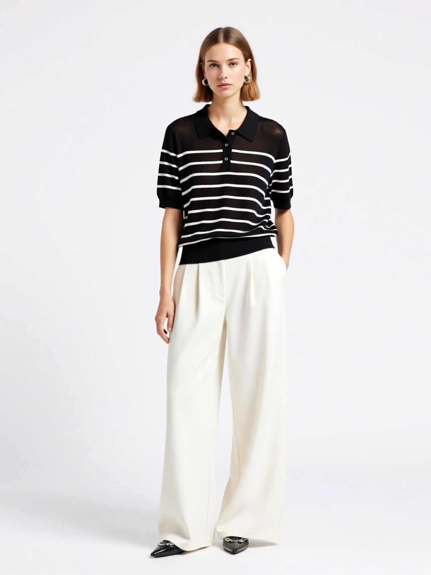 Nanyou High-End Women's Clothing 100% Tencel Striped Knit Shirt, Summer Style, Mature Old Money Style, Short-Sleeve Polo Collar Top