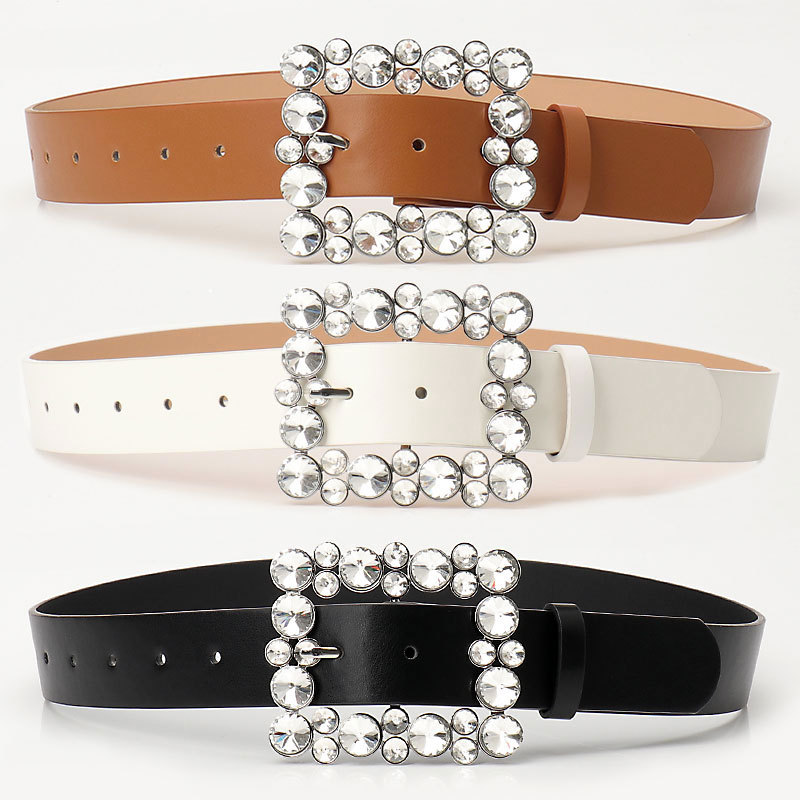 New Square Buckle with Rhinestone European and American Cross-border Belt Women's Fashion All-match Skirt Jeans High-end Women's Belt