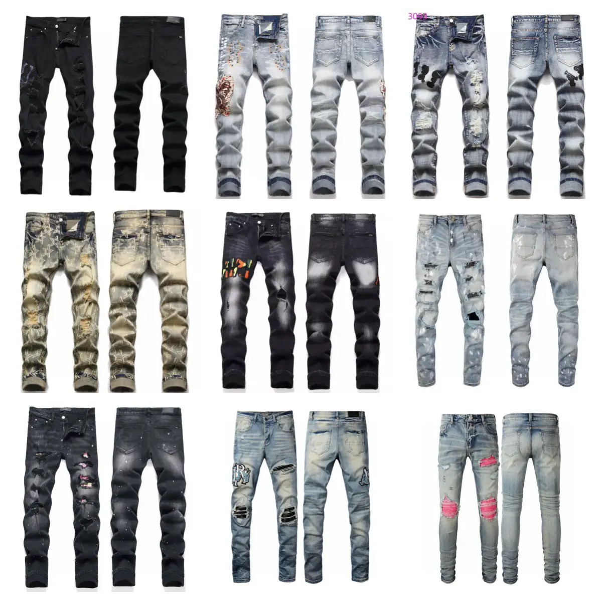 Cross-Border High Version Correct Exclusive for Trendy Brand Amiri Heavy Craftsmanship Washed Ripped High Street Embroidery Unisex Versatile Style