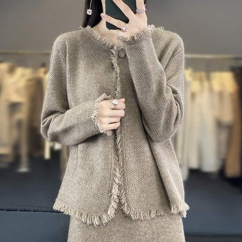 100 Pure Wool Sweater Vintage Woolen Single Button Knitted Cardigan Women's Autumn and Winter Long Sleeve Loose Round Neck Tassel Jacket