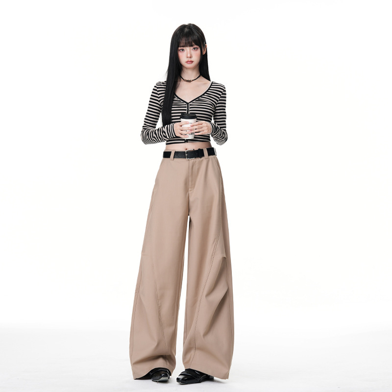 Gray Pleated Curved Hem Suit Pants for Women, Early Spring 2026 New Style, Loose Fit, Slimming, Drapey Wide-Leg Casual Long Pants