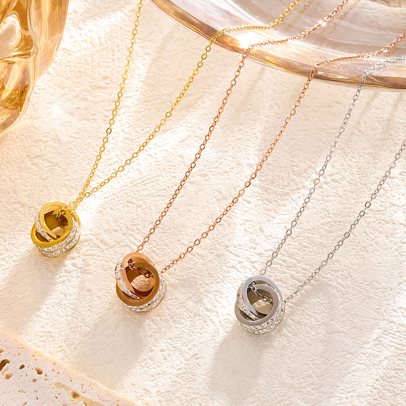 Japanese and Korean New Titanium Steel Full Diamond Rose Gold Double Ring Necklace Women Simple Super Flash Two-Layer Diamond Clavicle Chain Pendant Wholesale