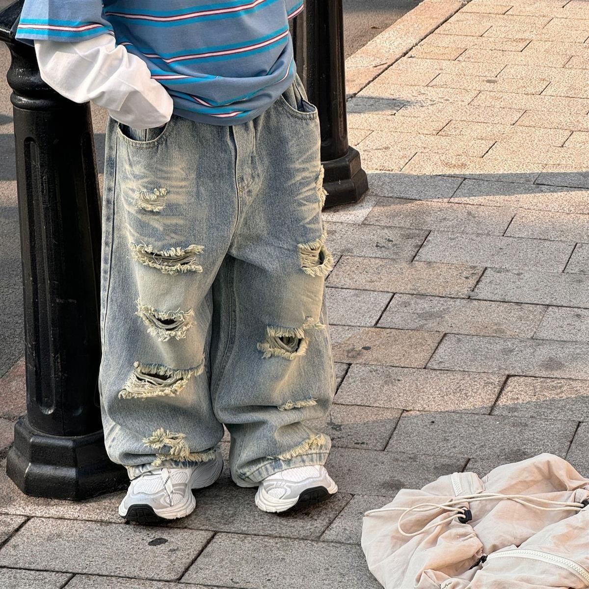 Spring and Autumn Men's and Women's Children's Wear Jeans Baby's Western Style Children's Personality Trendy Brand Fried Street Korean Style Fashionable Ripped Beggar Pants