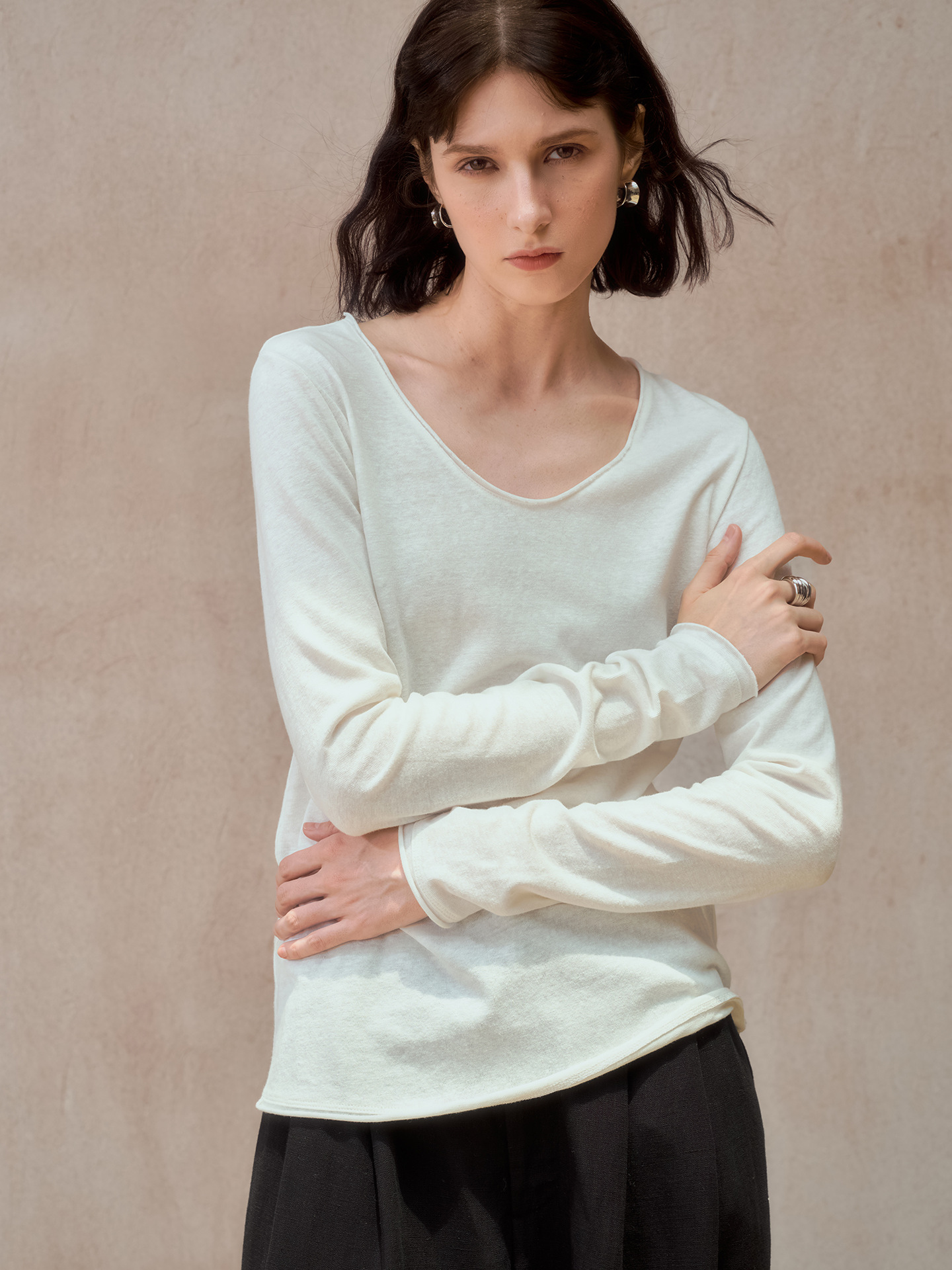 Cotton and Linen Round Neck Long-Sleeved Knitted Base Shirt, 2026 Spring New Style, Casual and Versatile, Lazy Style Women's Top