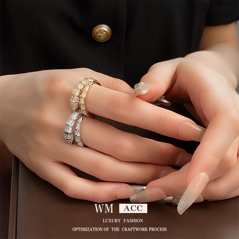 Zircon Snake Ring European and American Cold Style Personality Design Sense Food Finger Ring Fashion Light Luxury Joker Jewelry Wholesale