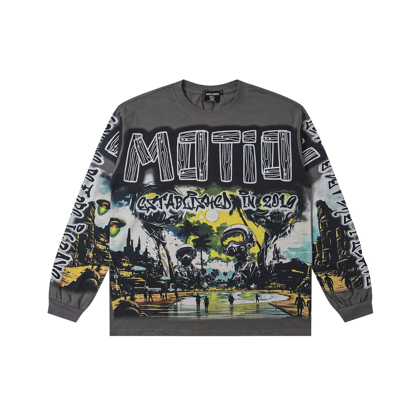 2025 Spring and Autumn New Mix Astronaut Street Pattern Round Neck Pullover Long Sleeve Men's and Women's Same Style One Piece Wholesale