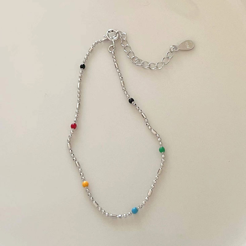 Rainbow Beans Round Beads Bracelet 925 Body Sterling Silver Simple and Detailed Girlfriend Silver Bracelet Female B6938G