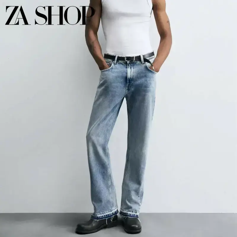 2025 Autumn New Men's Flared Mid-Waist Slim Fit Long Pants Washed Pocket Decorated Jeans 0840353