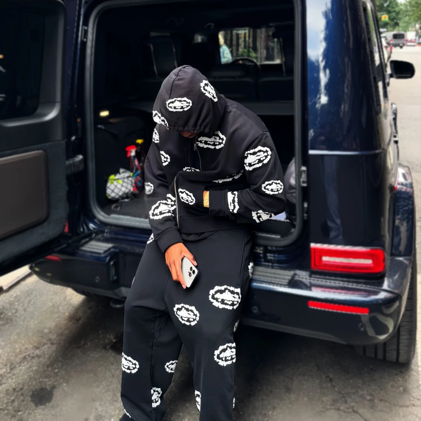 High version CORTEIZ cotton flower co branded full print zipper cardigan sweatshirt and pants set DRILL hip-hop hoodie