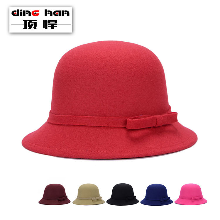 Tough Korean popular ladies hat autumn and winter warm felt hat fashion elegant strip bow hat wholesale