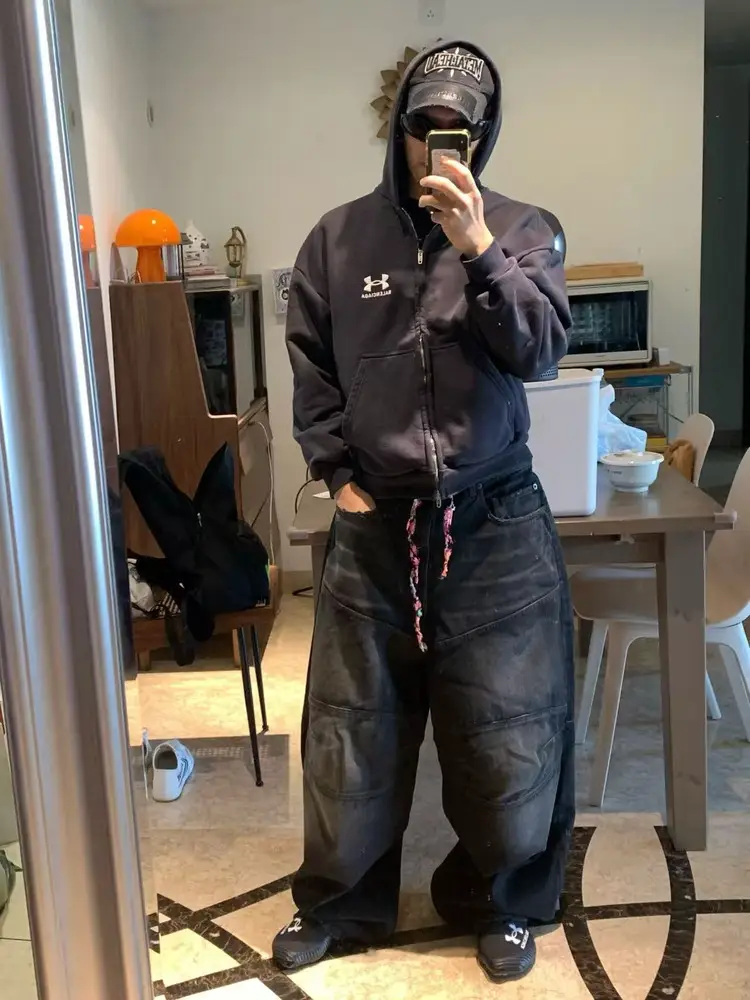 B family show george drawstring double knee Deconstruct Retro distressed baggy Denim Paris style pp fashion