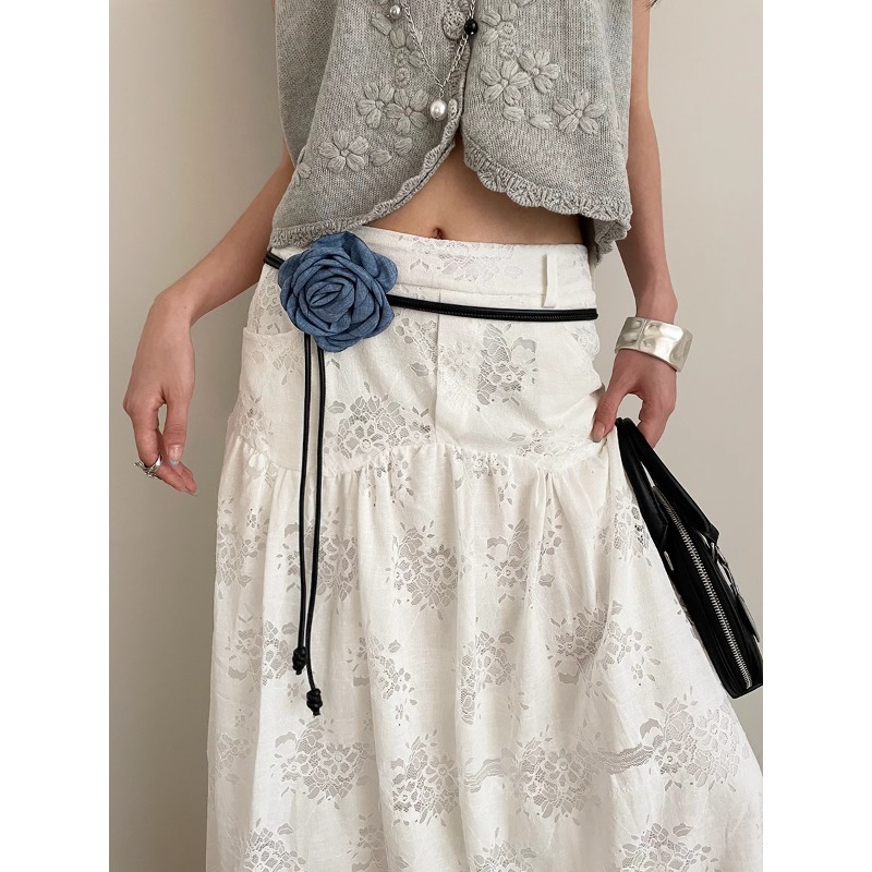 French Chiffon Flower Belt Women's Vintage High-end Denim Blue Rose Dress with dress Waist Rope Decoration