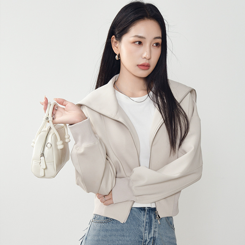 2026 Spring New Style Navy Collar Elegant Solid Color Slim Fit Zipper Sweatshirt Short Cotton Fashion Casual Jacket for Women