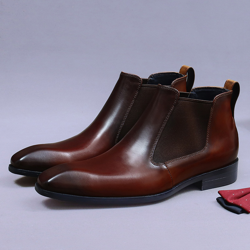 [Big Promotion] High-End Chelsea Boots for Men, British Retro Cowhide Handmade Shoes, Genuine Leather Color Polished Boots, High Tops