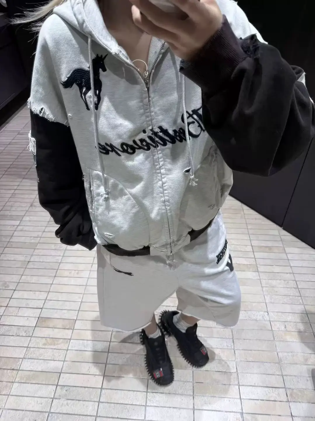 Protocol Index(Project G/R) 25Fw Distressed Color-Blocked War Horse Slogan Zipper Hoodie Jacket