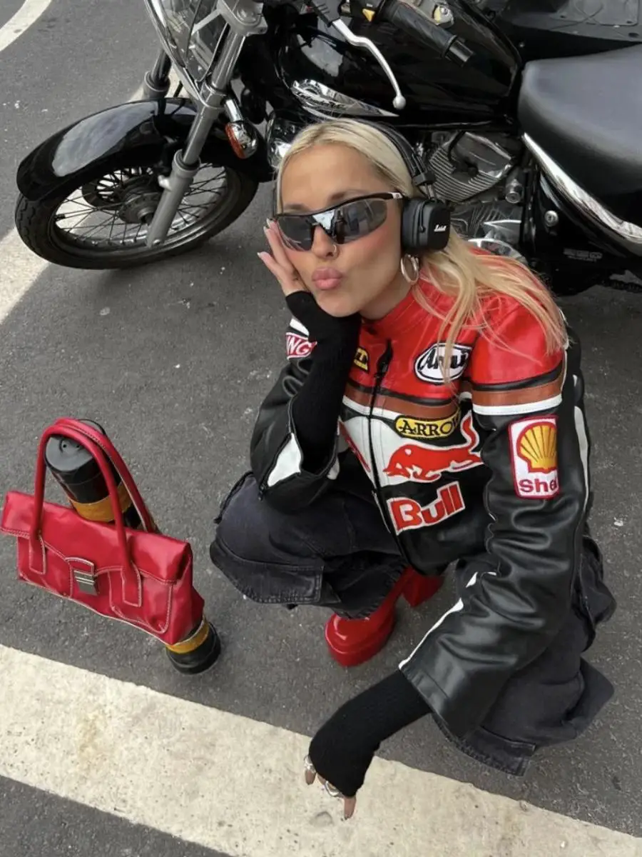 Vintage American retro Loose Embroider Leather Clothing Black Red Racing Motorcycle Cycling Clothing jacket Couple Outwear Male