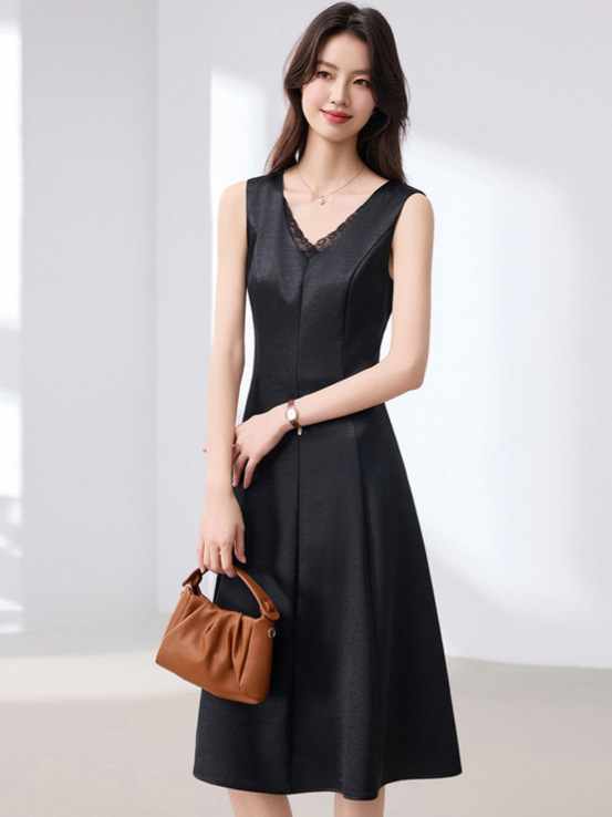 Black Lace-Trimmed Sleeveless Dress for Women, New Summer Style, Waist-Cinching, Slimming, Fashionable and Elegant Mid-Length Dress Suitable for Wearing under a Suit