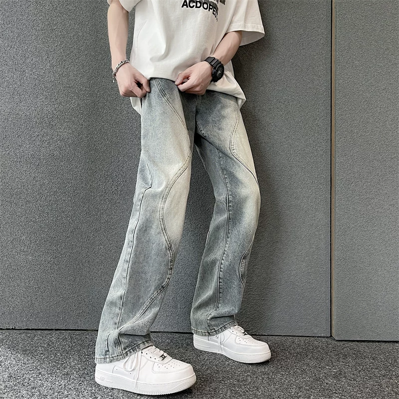 American Style ins Design-Focused Niche Basic Versatile Jeans for Men, High Street Retro Slimming Loose Straight-Leg Long Pants