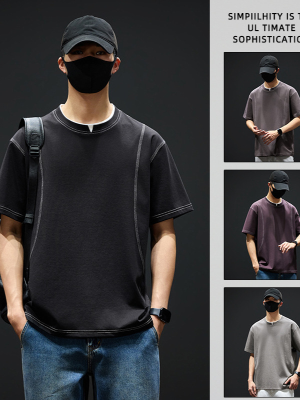 Factory Direct Sales 2026 New Summer Thin Round-Neck Contrast-Stitching Short-Sleeve Loose T-Shirt Men's Trendy Brand Top