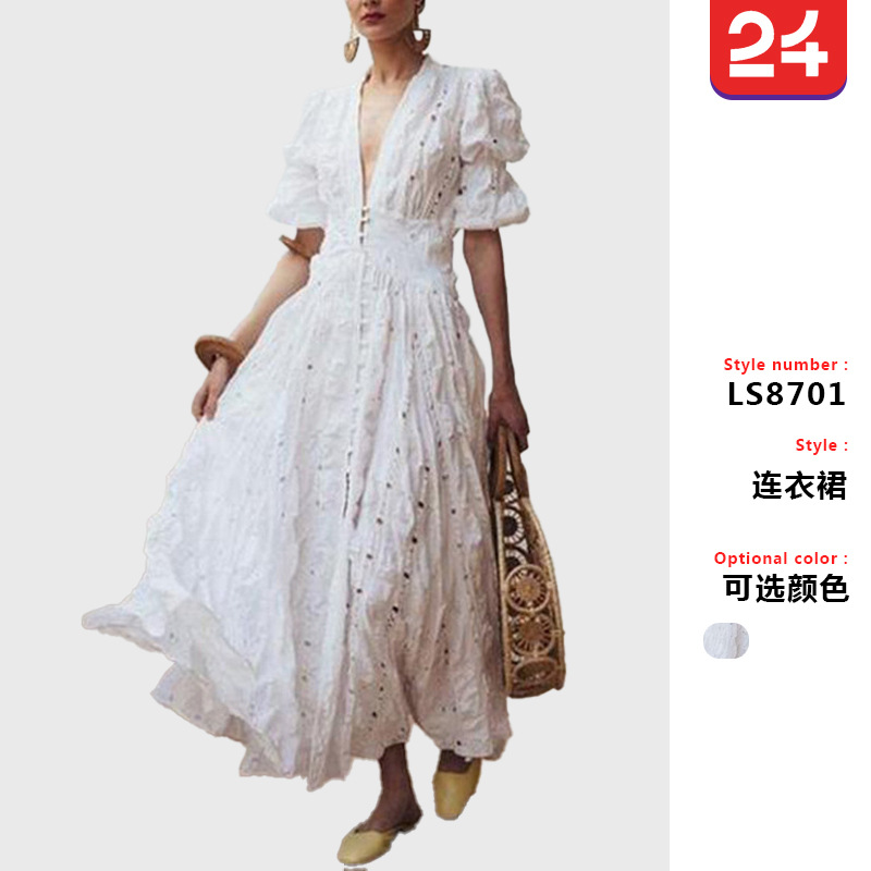 2025 Summer New European and American Export Women's Clothing Wish Deep V Puff Sleeve Lace Dress Cut Out Slim Long Skirt
