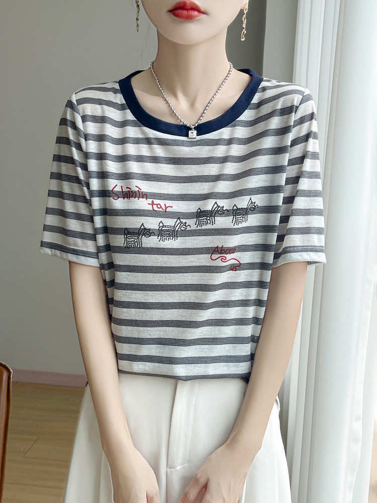 American Retro Color-Block Striped T-Shirt for Women, Round Neck, Loose Short Sleeves, Spring and Summer Casual Versatile Bf Style Top