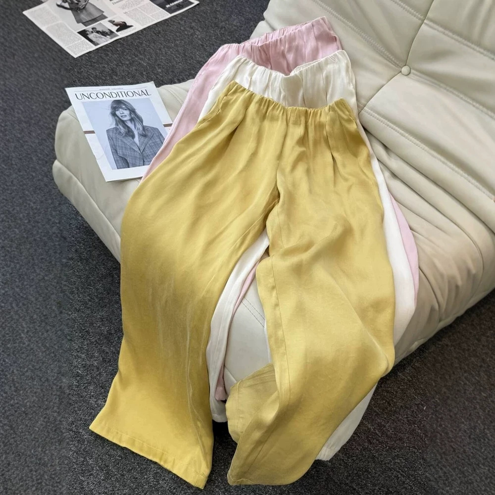 No More 26 Copper Ammonia Fiber Pants with a Draping, Comfortable, Elastic Waist, Solid Color, Simple, Versatile, Korean Style, Everyday, Summer New Straight-Leg Pants