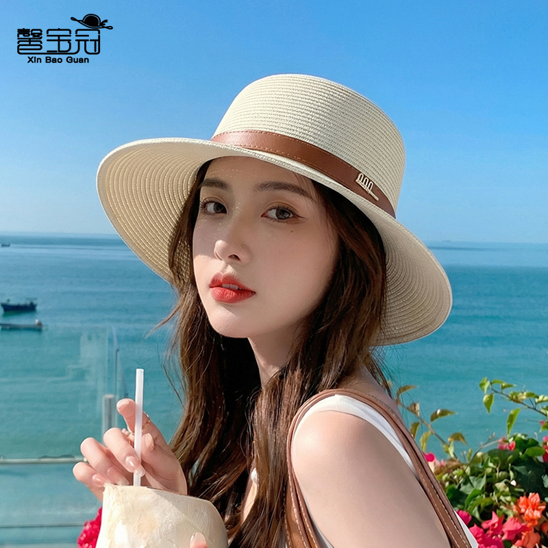 Summer Beach Outing Sun Hat for Women, High-End Straw Hat with Large Brim, Sun Protection Hat, French-Style Flat-Top Straw Hat