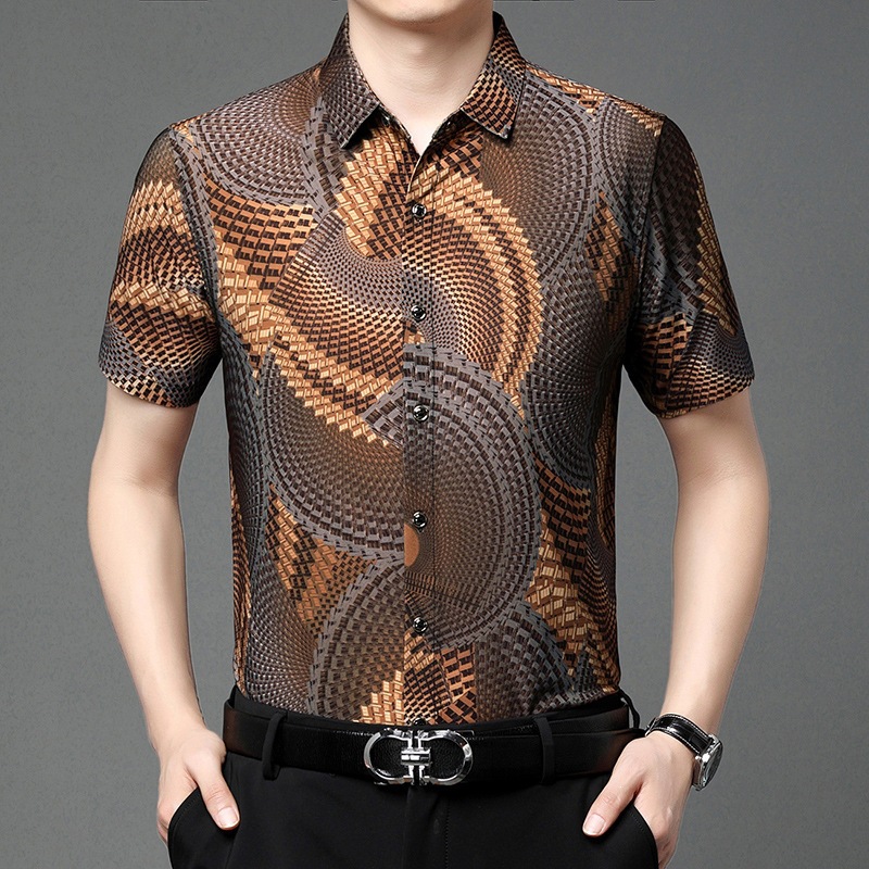 Summer Men's Short-Sleeved Shirts, Fashionable and Personalized Printed Men's Tops, Thin Ice Silk Half-Sleeved Shirts for Middle-Aged Men