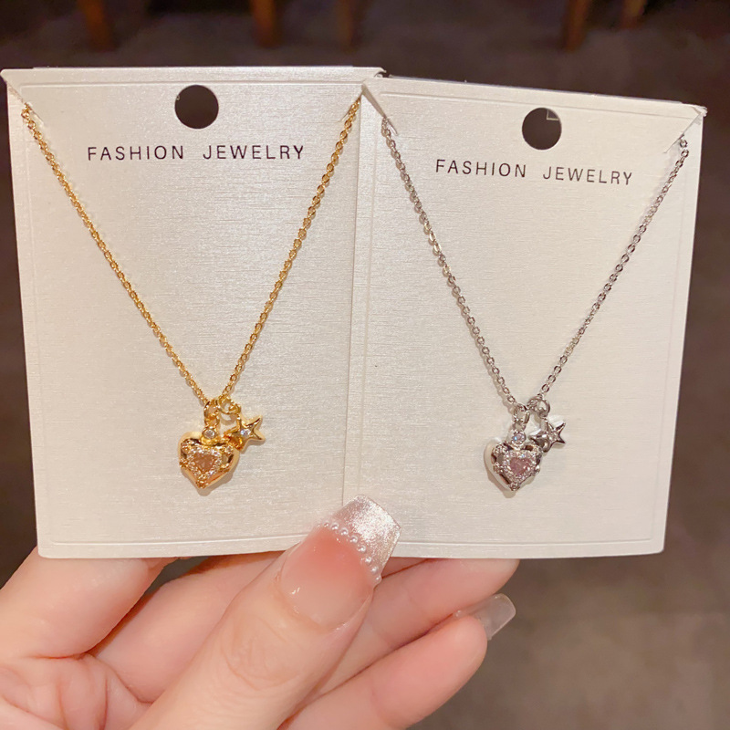 Japanese and Korean Exquisite Fashion Diamond-Encrusted Metal Heart Star Necklace, Elegant Light Luxury Unique Design Clavicle Chain Wholesale