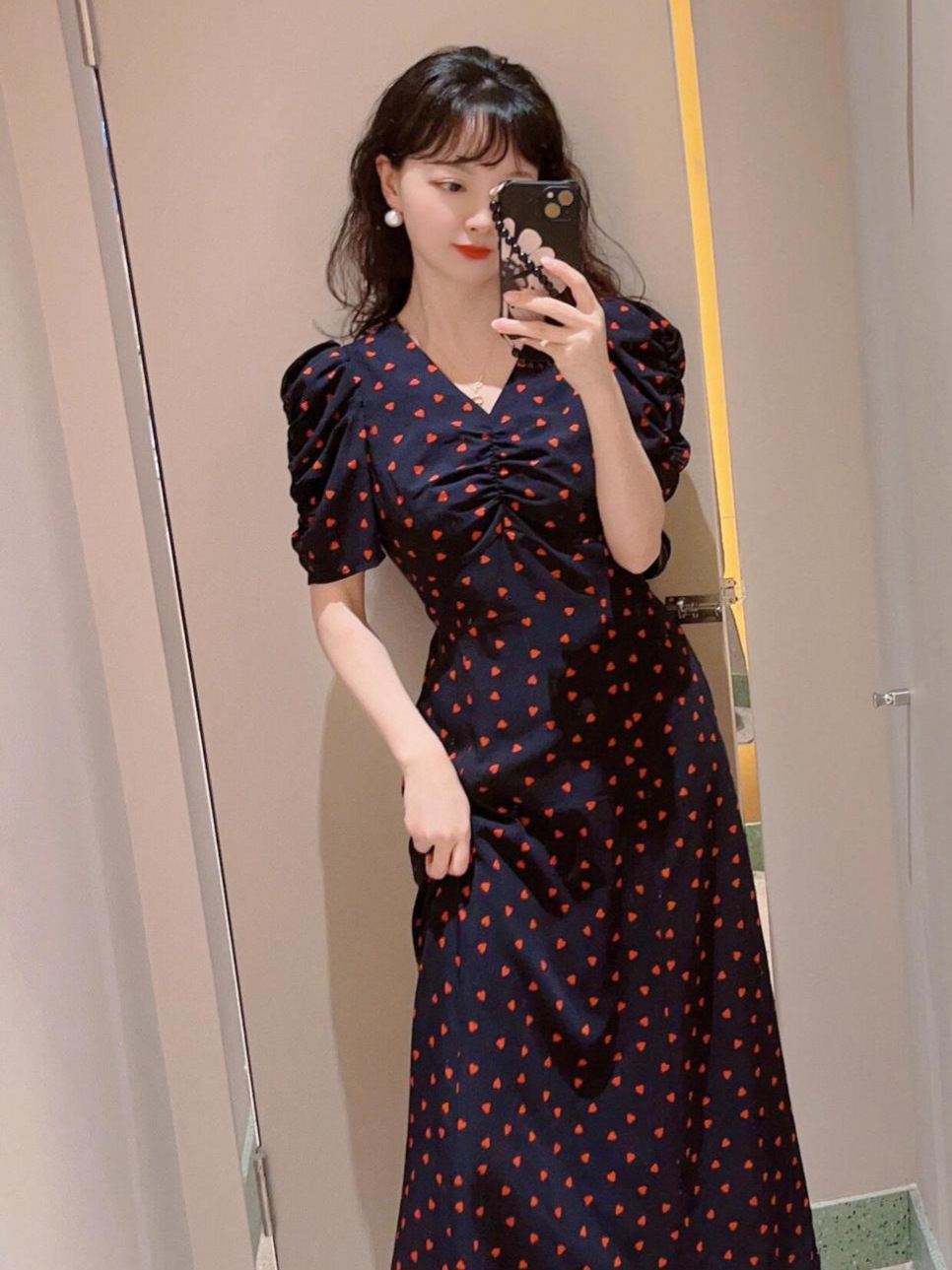 Japanese Style Sweet Style Loving Heart Printed Bubble Sleeve dress V-neck Waist Elegant Long Dress Women's SWFO251252