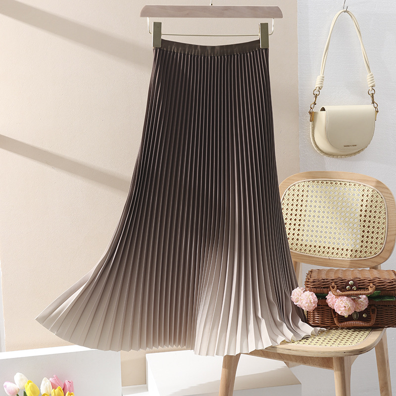 New Blue Skirt Women Autumn and Winter High Waist A- shaped Mid-length Fashionable Elegant Gradient Pleated Skirt