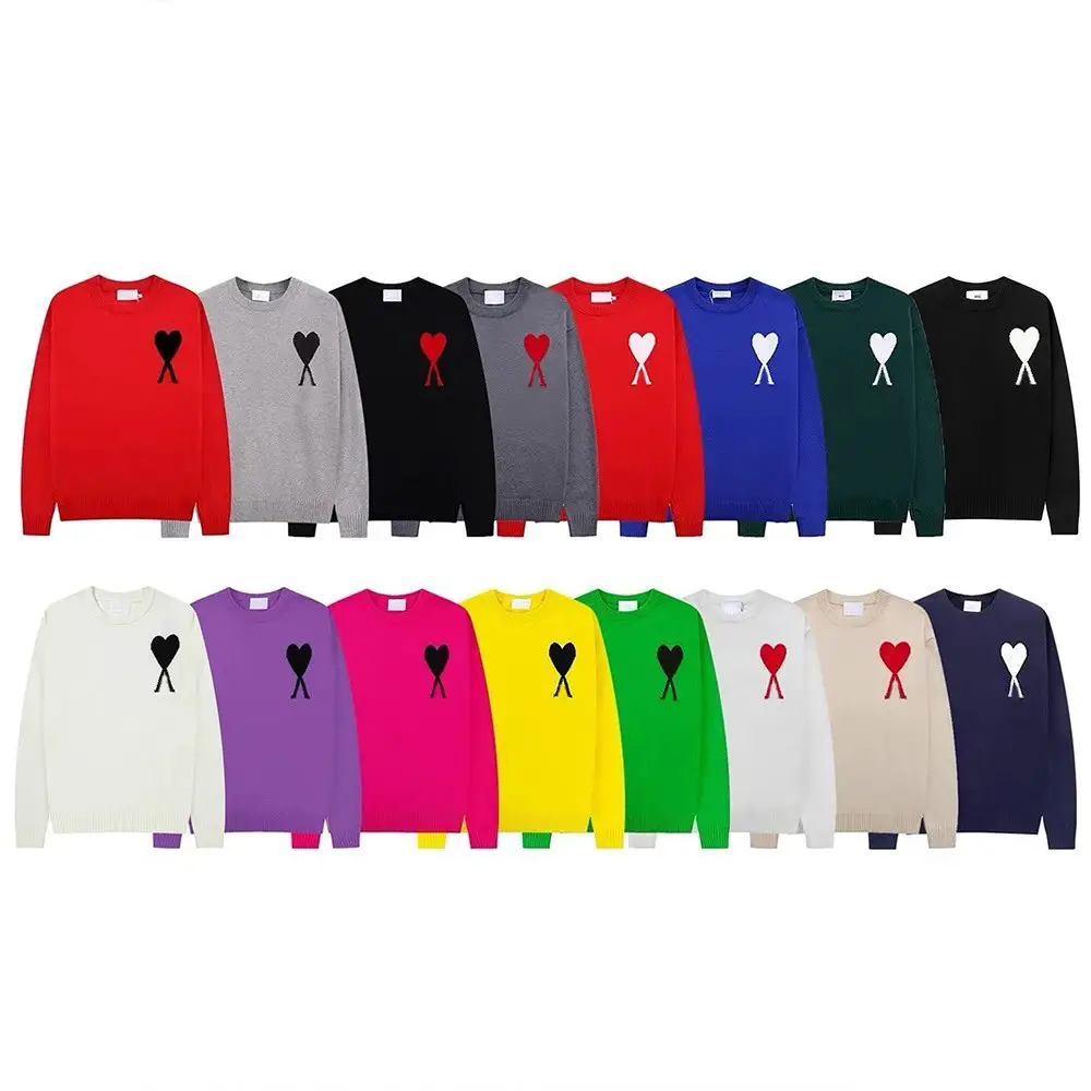 Autumn and winter new high neck heart-shaped sweater men's and women's striped youth peach heart AMI CLAMS casual pullover knitted sweater
