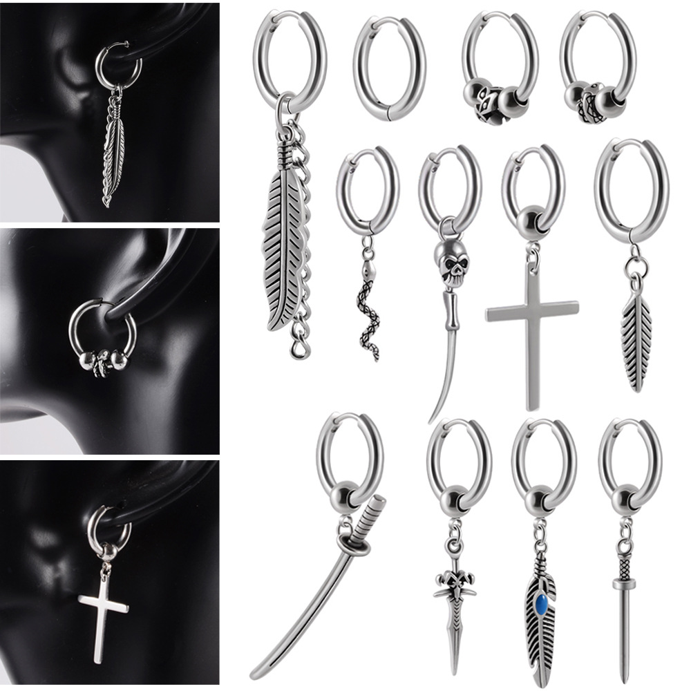 Cross-Border Stainless Steel Human Leaf Cross Sword Ear Buckle Earrings Cold Snake-Shaped Skull Fine Needle Piercing Ear Bone Ring