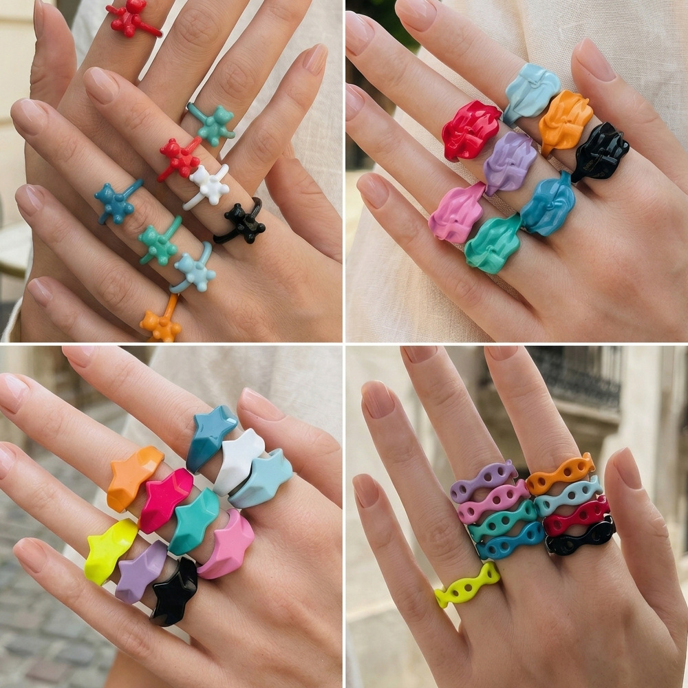 European and American Popular Color Ring Women's Creative Finger Ring Maka Long Chao Ring Candy Color Copper Paint Craft Jewelry