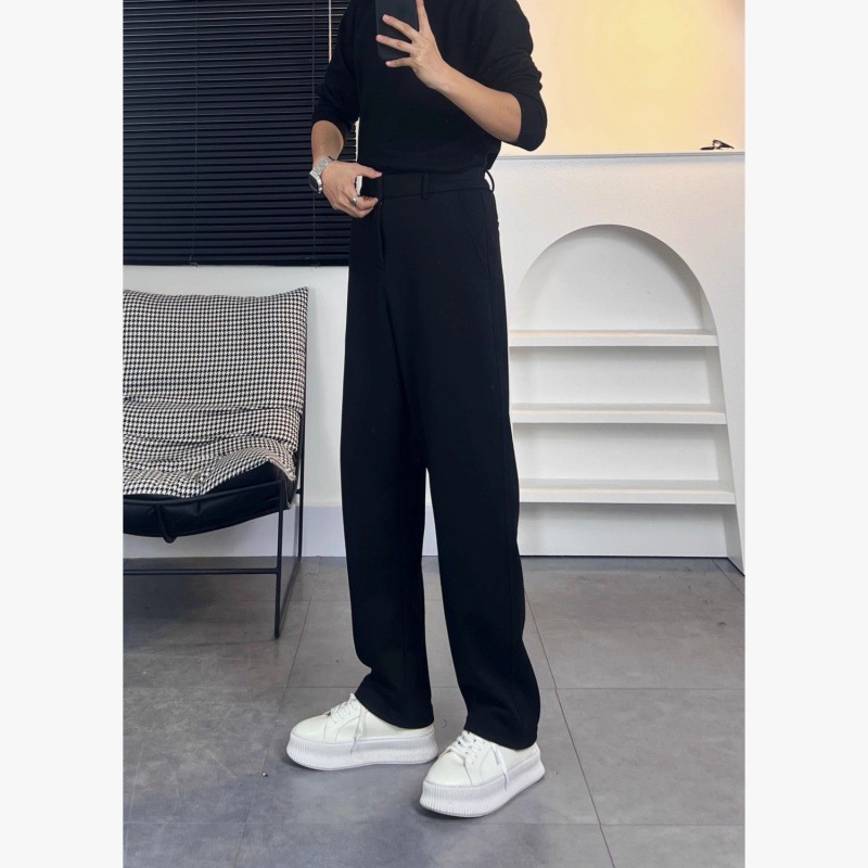Black Versatile Straight-leg Trousers with Drapey Feel, High-end Summer Loose Men's Wide-leg Trousers, Spring & Fall Casual Trousers